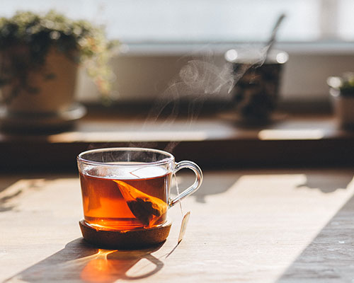 glass cup of tea on counter with plants