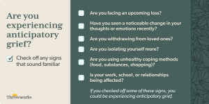 If you see yourself facing an upcoming loss, socially withdrawing, having changes in thought/mood, self-isolating, using unhealthy coping strategies, or suffering at work or school, you might be experiencing anticipatory grief.