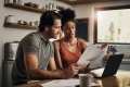 Man and woman looking at documents and a laptop at a table and talking