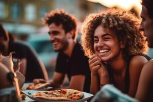 Woman laughing in a group of people